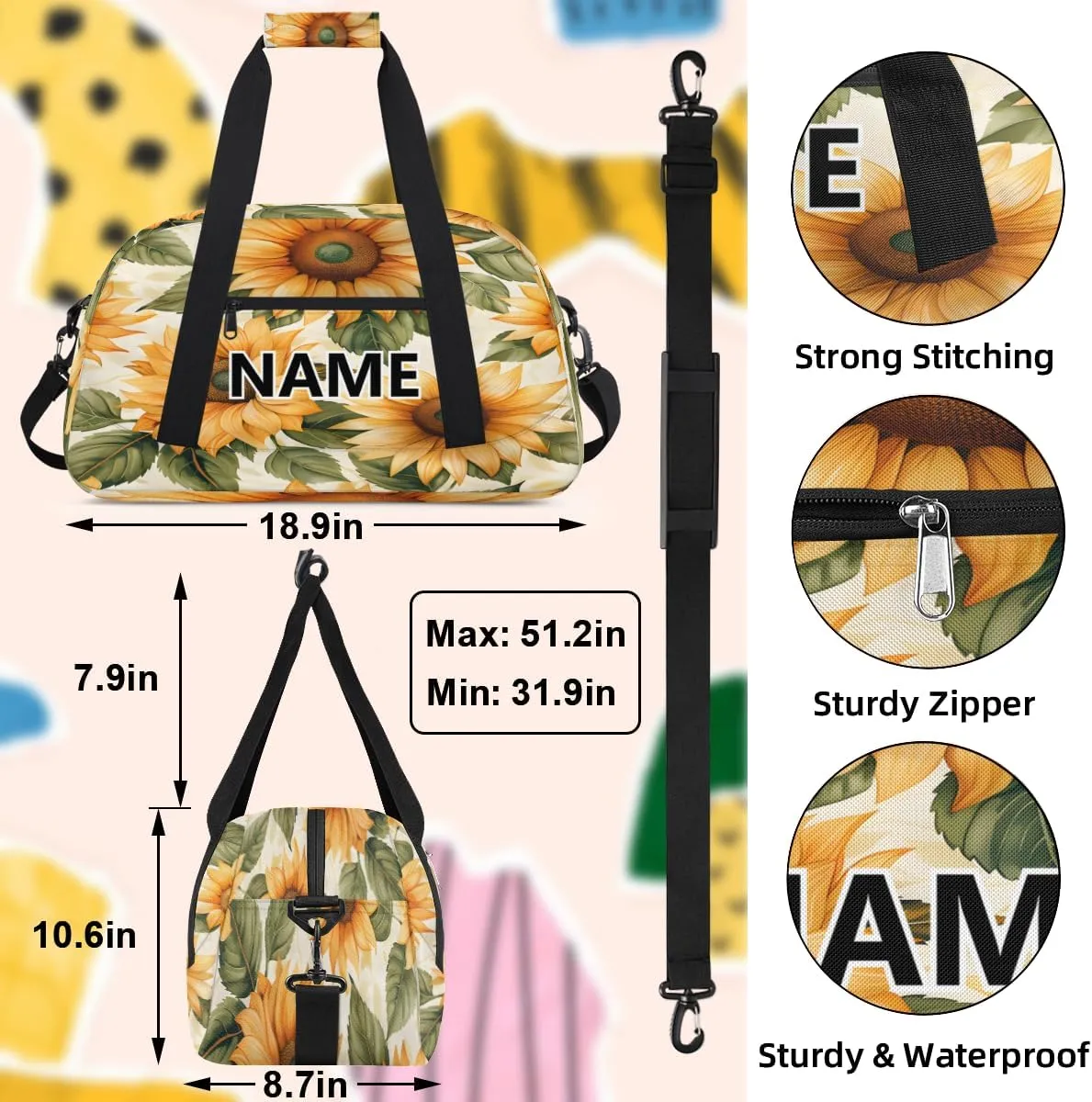 Sunflower Mini Gym Bag 18 inch for Women Men Waterproof Custom Farmhouse Rustic Travel Duffel Bag Carry On Overnight Tote Nurse Bag for Work Fitness Hiking