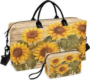 Sunflowers Wood Yellow Travel Duffel Bag with Toiletry Bag Weekender Bag for Carry on Sports Gym Bag for Gym Yoga Sports