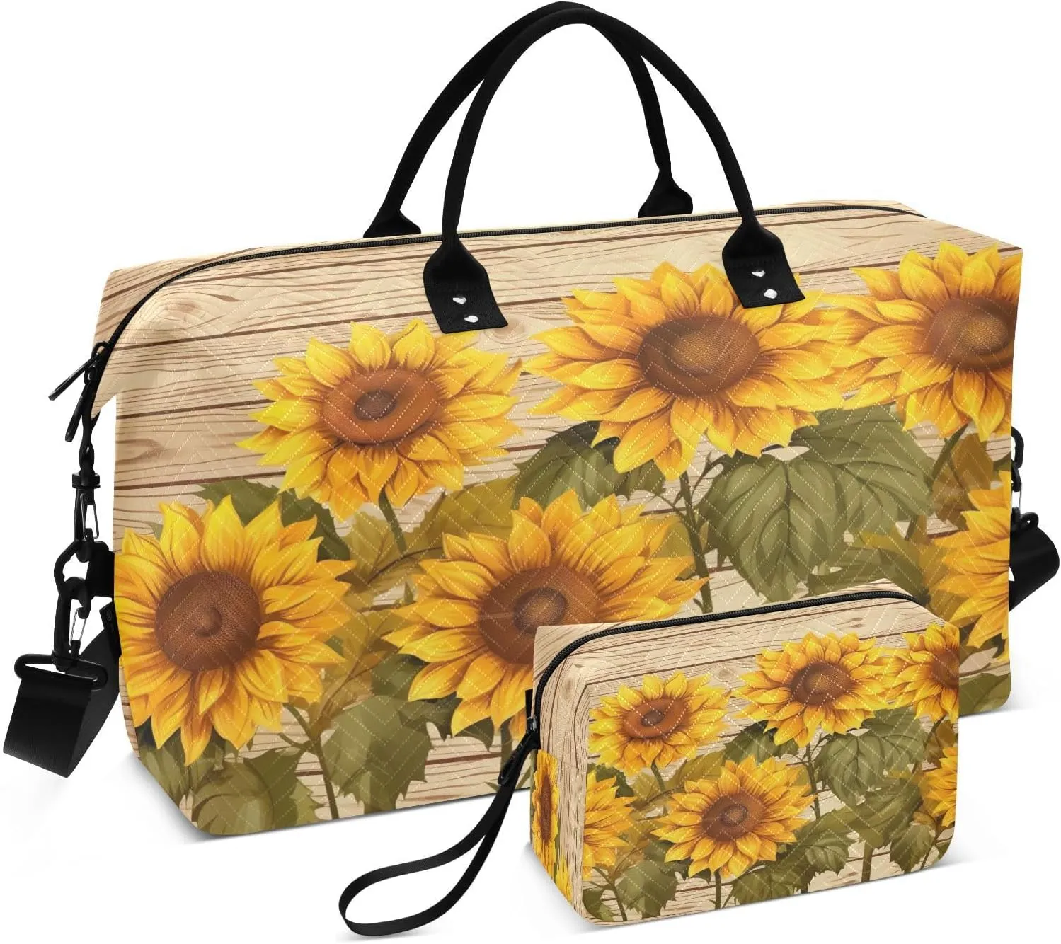 Sunflowers Wood Yellow Travel Duffel Bag with Toiletry Bag Weekender Bag for Carry on Sports Gym Bag for Gym Yoga Sports