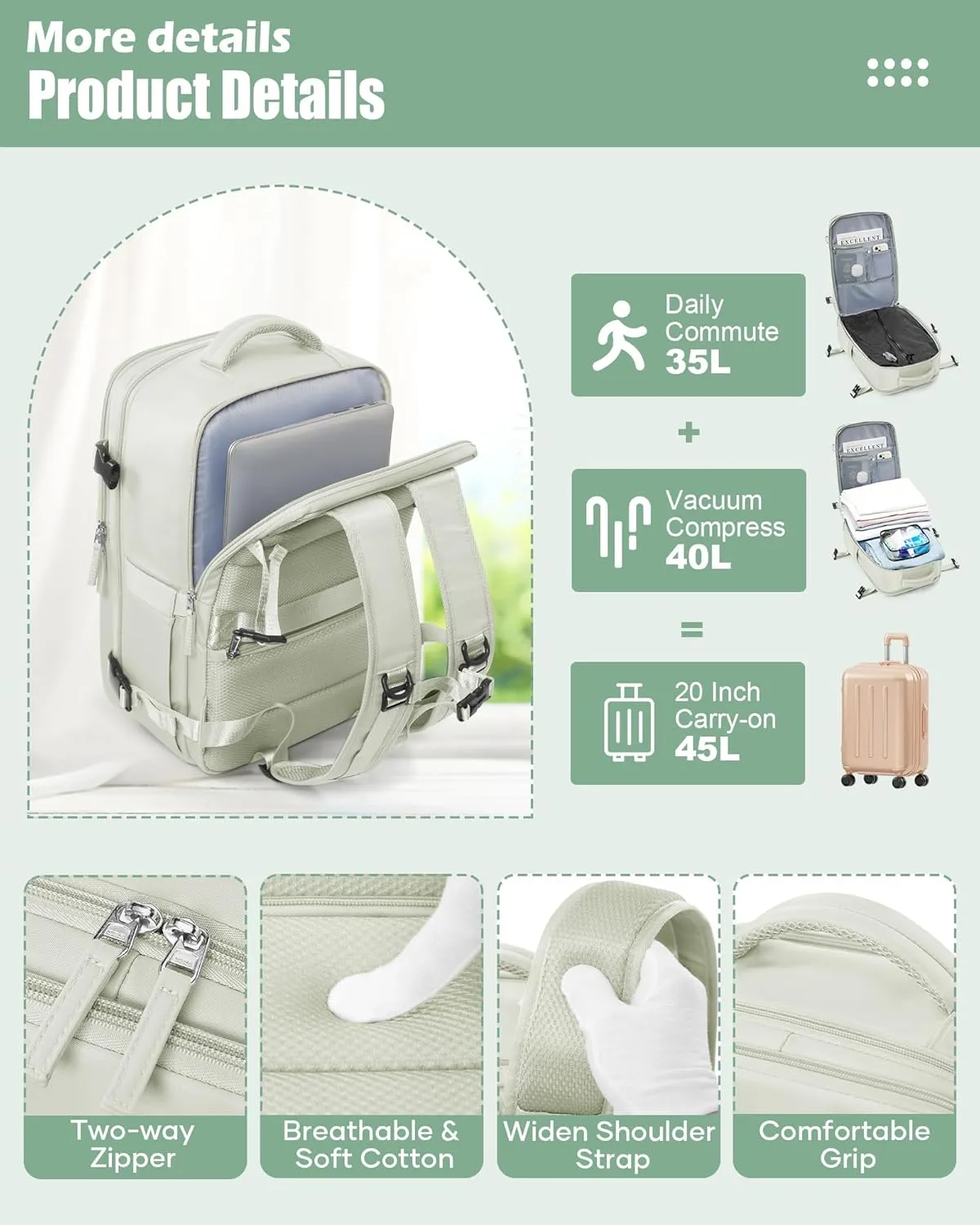 suradar Vacuum Seal Compression Travel Backpack for Women Men Airback Vacpack Travel Vacuum Bags with Pump Laptop Backpack with Shoe Compartment Carry On Suitcase Luggage Flight Approved Mint Green