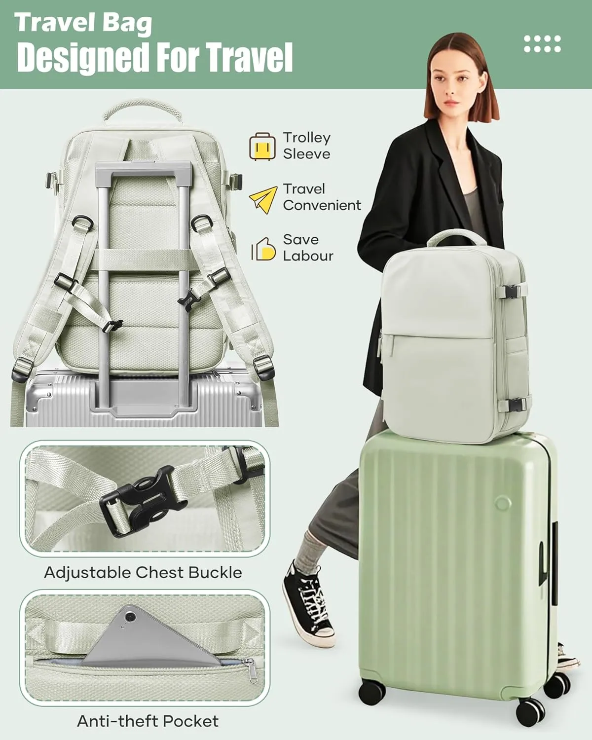 suradar Vacuum Seal Compression Travel Backpack for Women Men Airback Vacpack Travel Vacuum Bags with Pump Laptop Backpack with Shoe Compartment Carry On Suitcase Luggage Flight Approved Mint Green