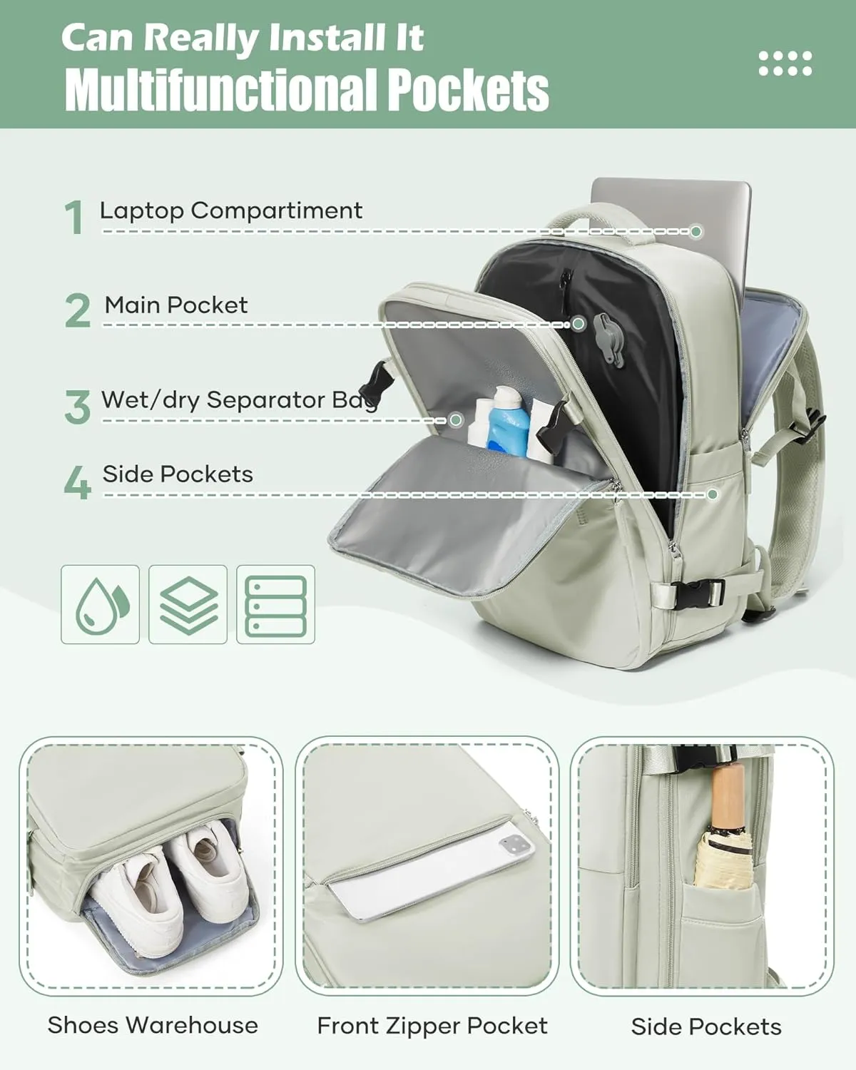 suradar Vacuum Seal Compression Travel Backpack for Women Men Airback Vacpack Travel Vacuum Bags with Pump Laptop Backpack with Shoe Compartment Carry On Suitcase Luggage Flight Approved Mint Green