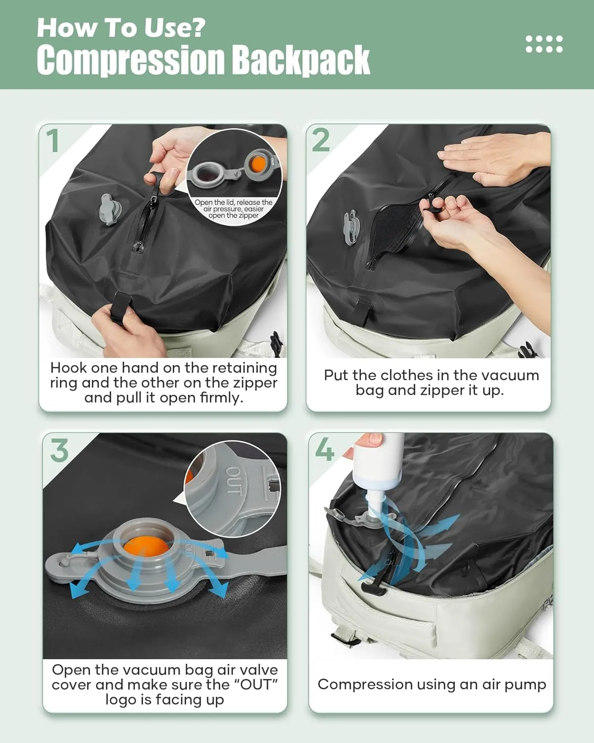 suradar Vacuum Seal Compression Travel Backpack for Women Men Airback Vacpack Travel Vacuum Bags with Pump Laptop Backpack with Shoe Compartment Carry On Suitcase Luggage Flight Approved Mint Green