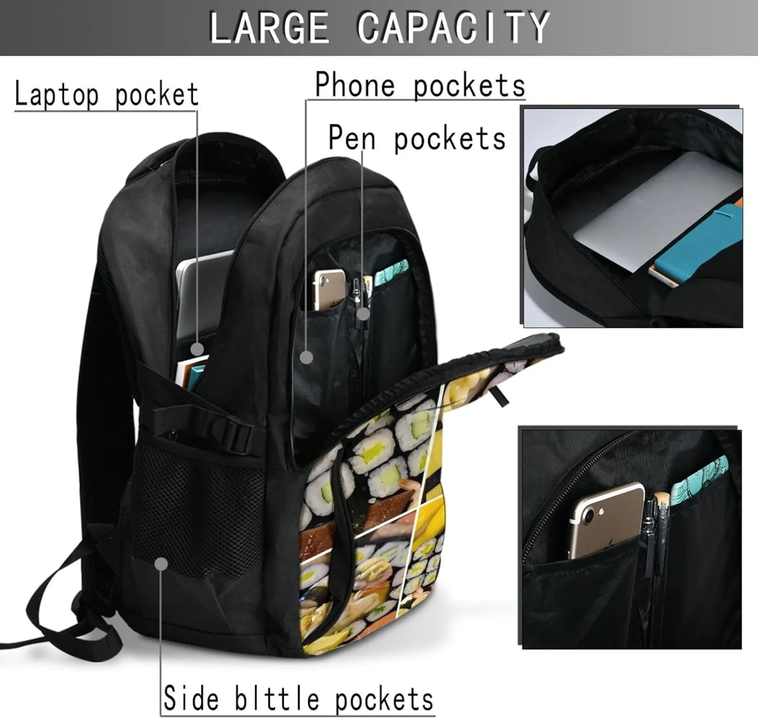 Sushi Travel Laptop Backpack,18 Inch Carry on Backpack for Men Women with USB Port, Work Computer Backpack