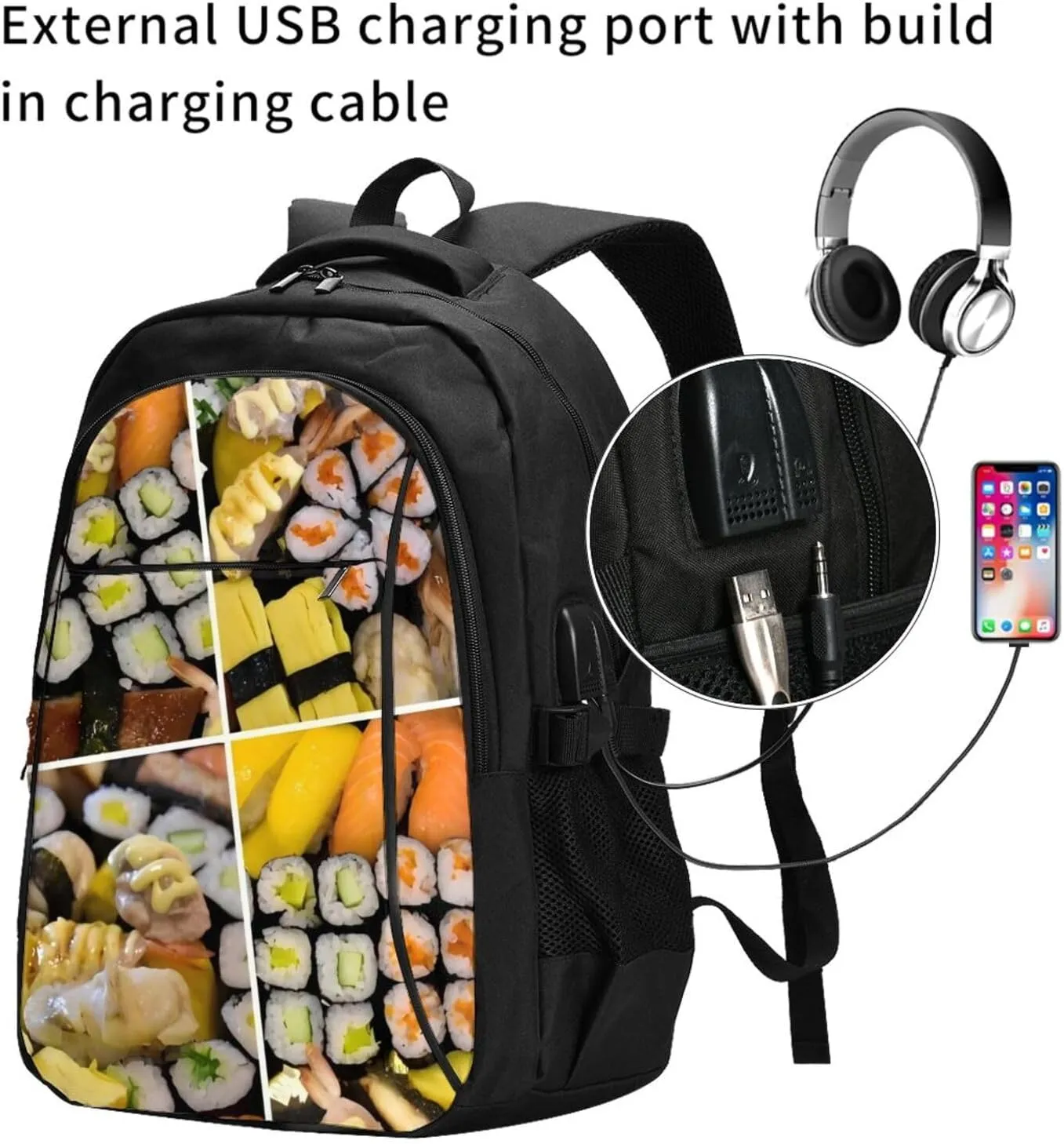 Sushi Travel Laptop Backpack,18 Inch Carry on Backpack for Men Women with USB Port, Work Computer Backpack
