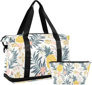 susiyo Travel Duffel Bags for Women, Pineapple Prosperous Flowers Sports Duffel Bags Gym Bags with Shoes Compartment, Tote Bag Weekender Bag for Travelling