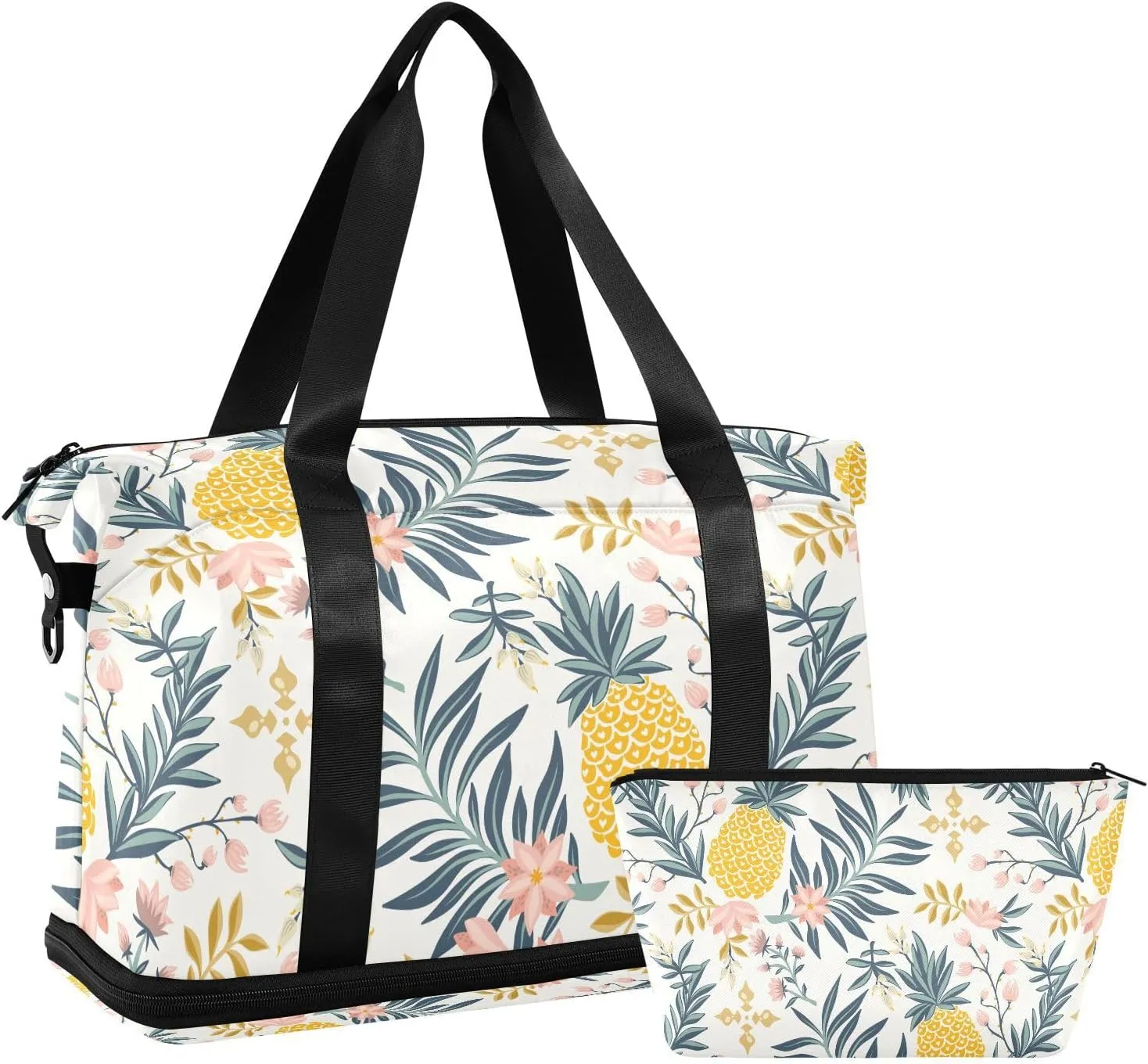 susiyo Travel Duffel Bags for Women, Pineapple Prosperous Flowers Sports Duffel Bags Gym Bags with Shoes Compartment, Tote Bag Weekender Bag for Travelling