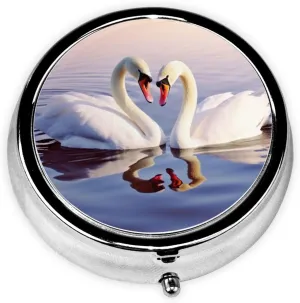 swan Heart Pill Box Round Pill Case for Pocket Purse 3 Compartment Medicine Pill Organizer Cute Portable Travel Pillbox Vitamin Cod Liver Oil Storage Box Unique Gift Organizer