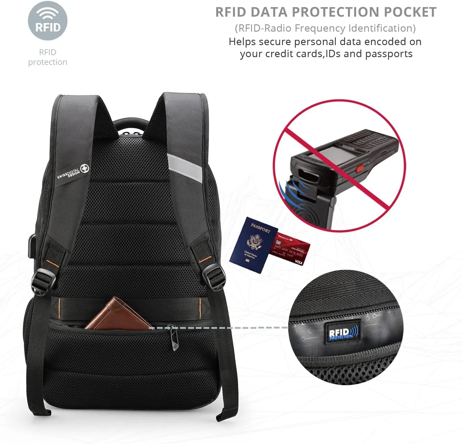Swissdigital Design Business Laptop Backpack With Apple AirTag, College Laptops Backpack with USB Charging Port for Men and Women Fits 16 Inch Notebook, Black | ANDWIL
