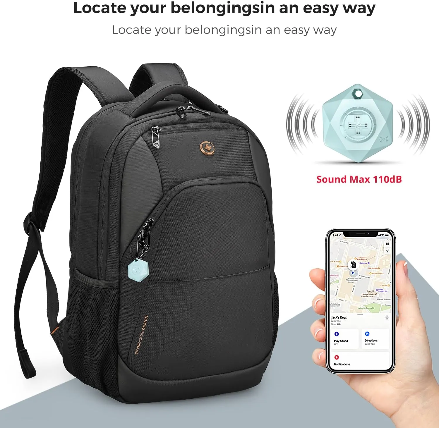 Swissdigital Design Business Laptop Backpack With Apple AirTag, College Laptops Backpack with USB Charging Port for Men and Women Fits 16 Inch Notebook, Black | ANDWIL