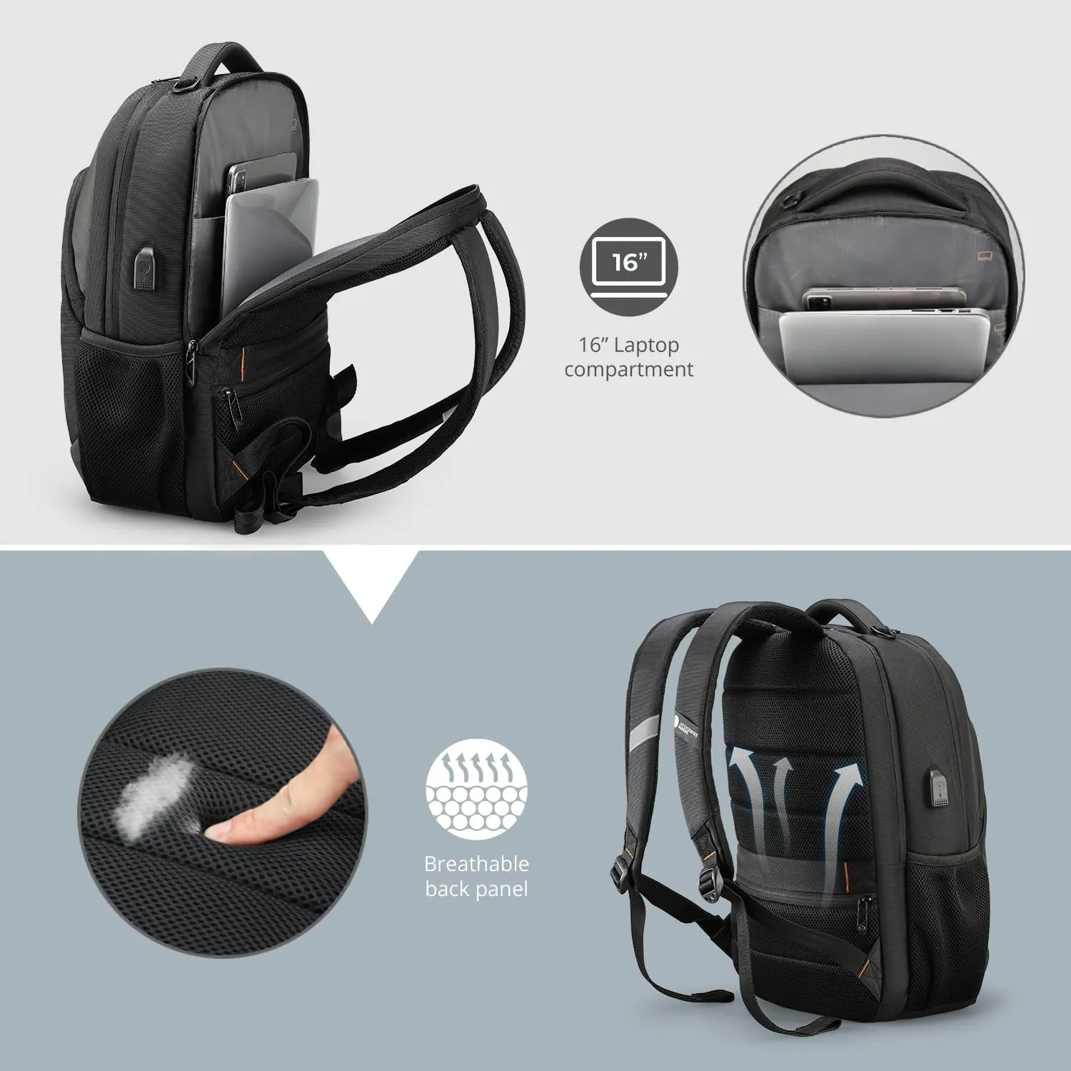 Swissdigital Design Business Laptop Backpack With Apple AirTag, College Laptops Backpack with USB Charging Port for Men and Women Fits 16 Inch Notebook, Black | ANDWIL