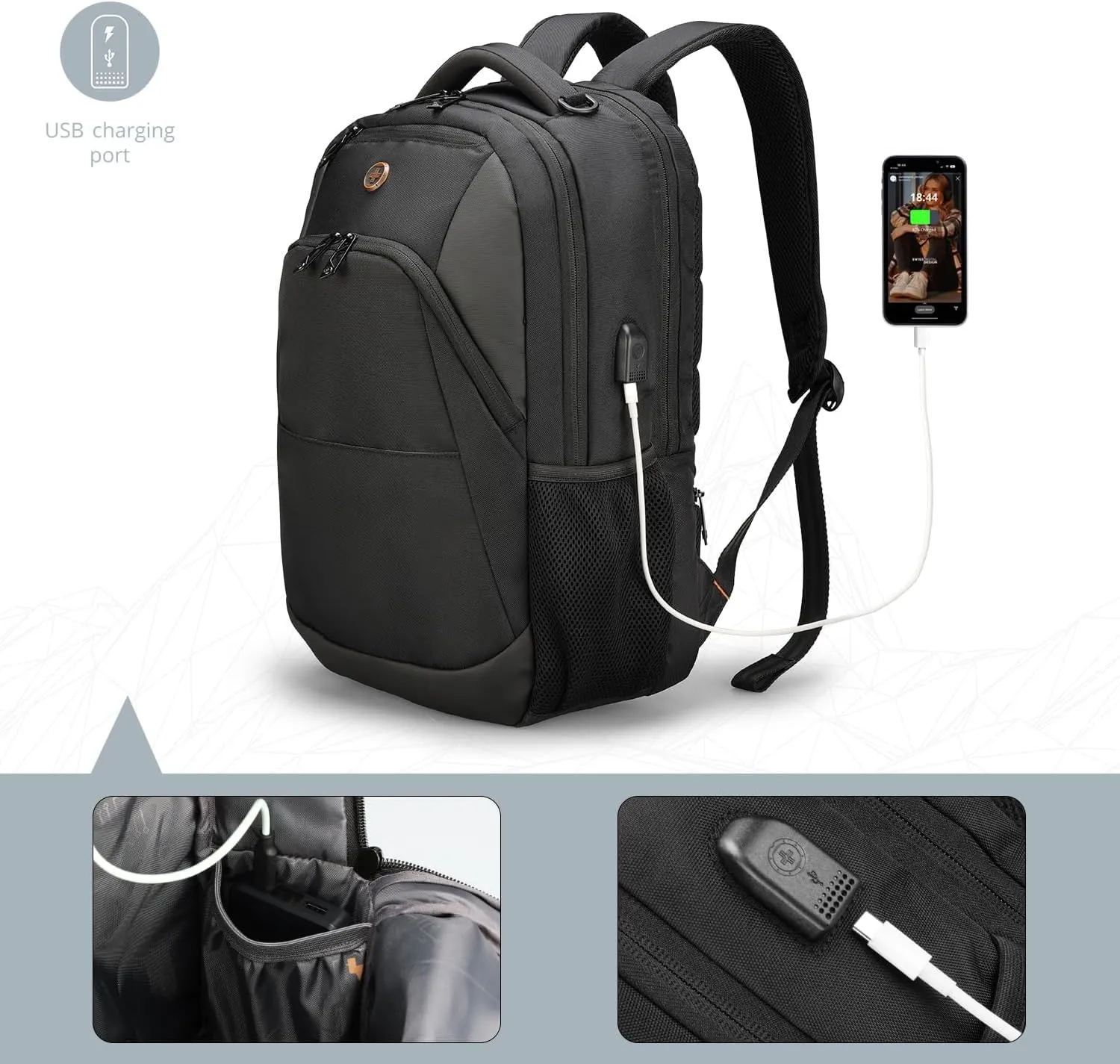 Swissdigital Design Business Laptop Backpack With Apple AirTag, College Laptops Backpack with USB Charging Port for Men and Women Fits 16 Inch Notebook, Black | ANDWIL