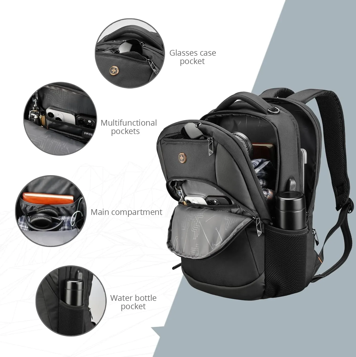 Swissdigital Design Business Laptop Backpack With Apple AirTag, College Laptops Backpack with USB Charging Port for Men and Women Fits 16 Inch Notebook, Black | ANDWIL
