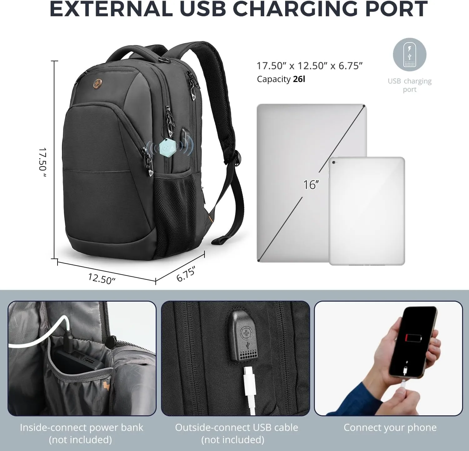 Swissdigital Design Business Laptop Backpack With Apple AirTag, College Laptops Backpack with USB Charging Port for Men and Women Fits 16 Inch Notebook, Black | ANDWIL