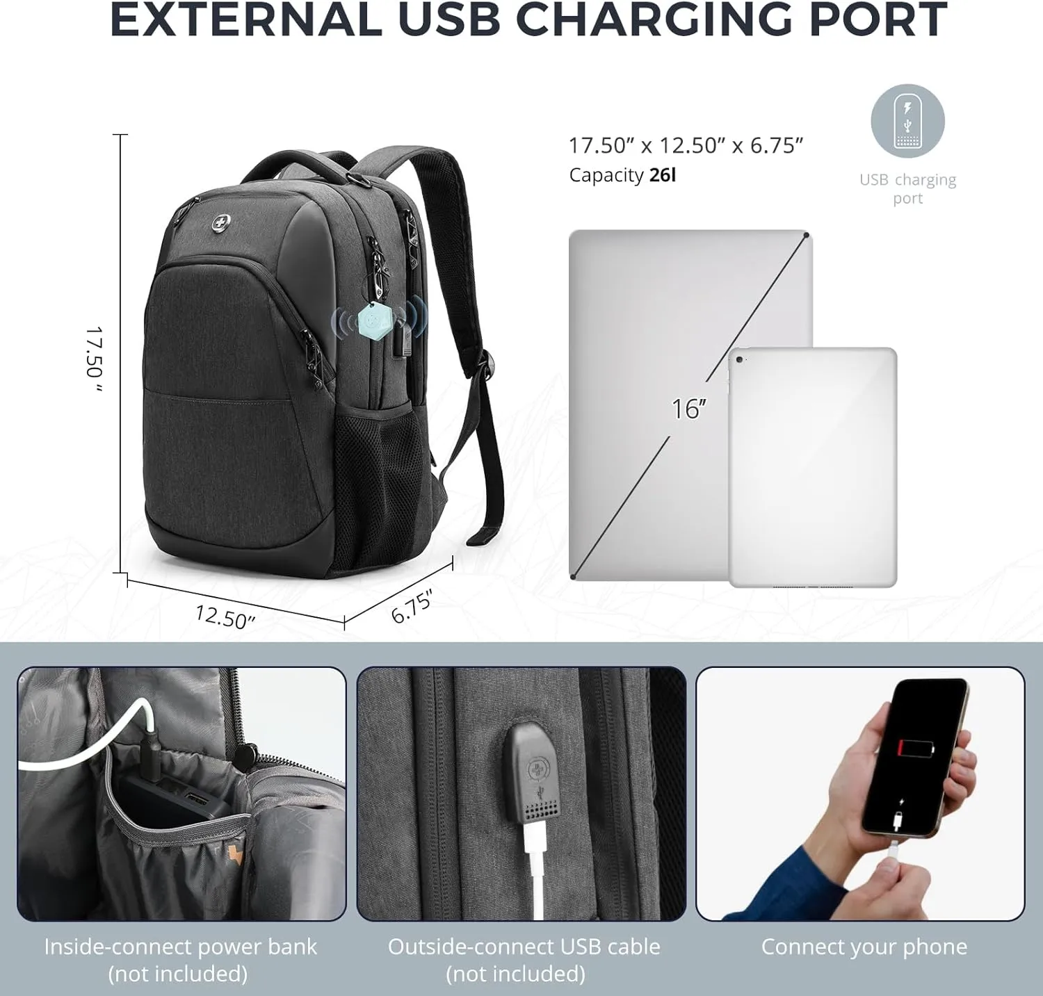 Swissdigital Design Business Laptop Backpack With Apple AirTag, College Laptops Backpack with USB Charging Port for Men and Women Fits 16 Inch Notebook, Grey | ANDWIL