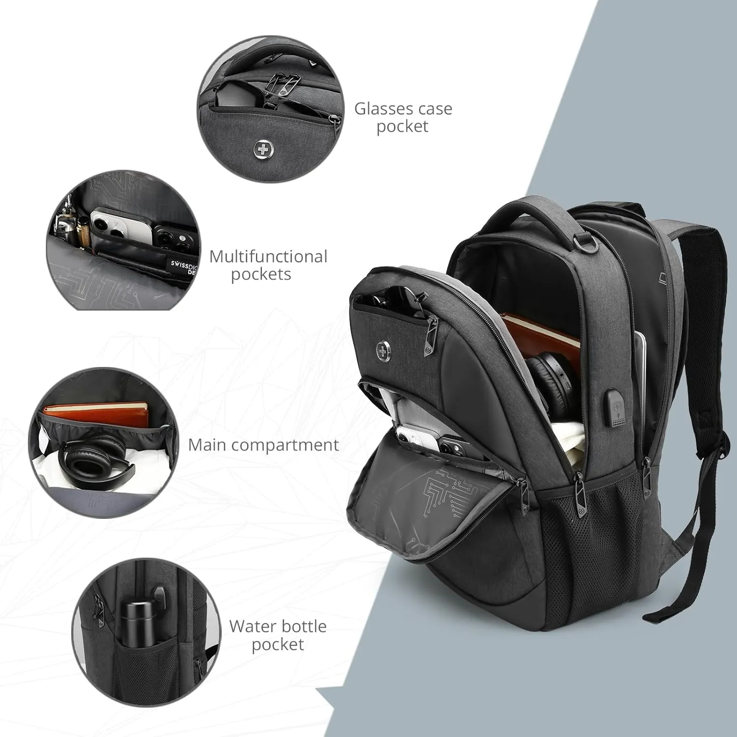 Swissdigital Design Business Laptop Backpack With Apple AirTag, College Laptops Backpack with USB Charging Port for Men and Women Fits 16 Inch Notebook, Grey | ANDWIL