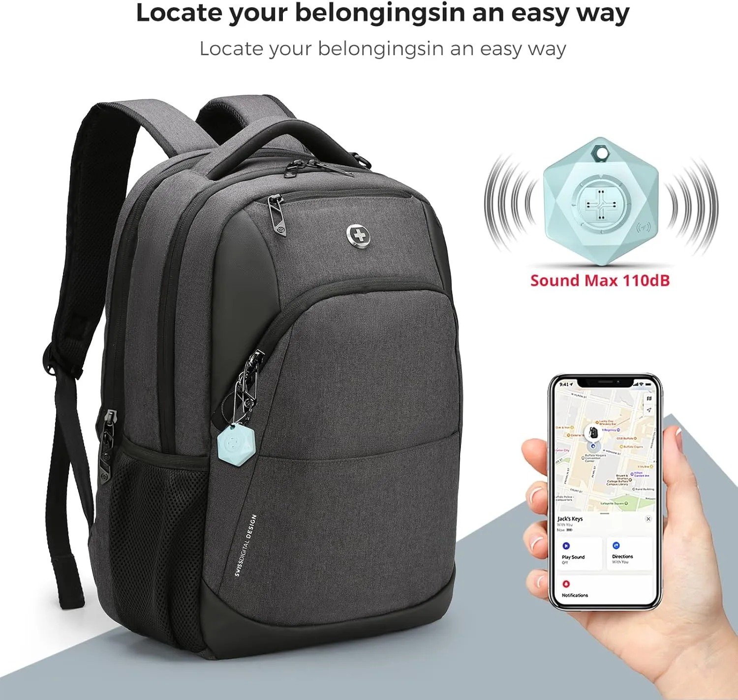 Swissdigital Design Business Laptop Backpack With Apple AirTag, College Laptops Backpack with USB Charging Port for Men and Women Fits 16 Inch Notebook, Grey | ANDWIL