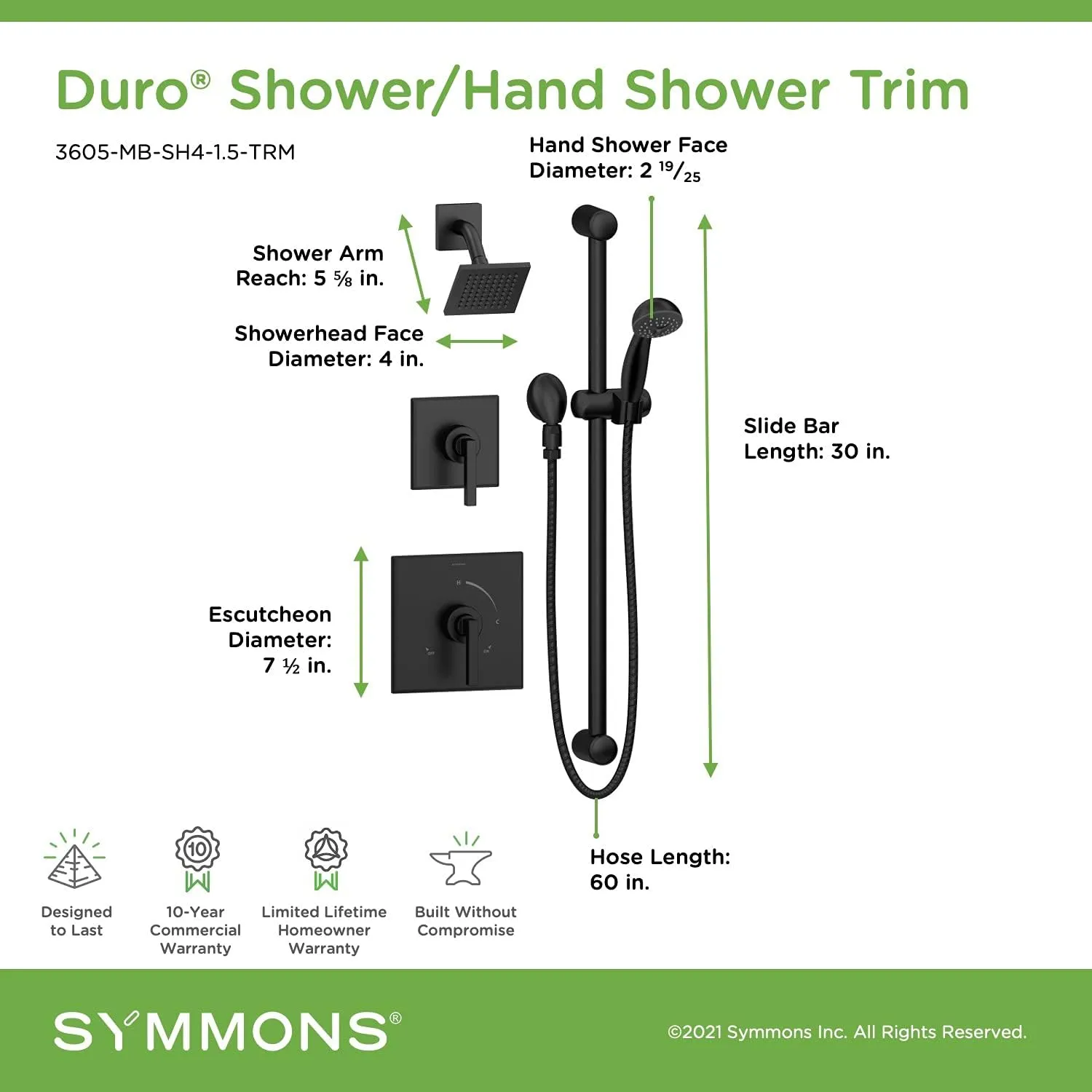 Symmons 3605-MB-SH4-1.5-TRM Duro 2-Handle 1-Spray Shower Trim with 1-Spray Hand Shower in Matte Black (Valves Not Included)