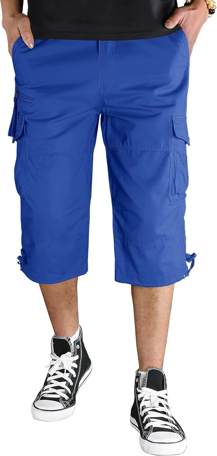 TACVASEN Men's Capri Pants with 7 Pockets Cargo Shorts Twill Elastic Below Knee 3/4 Capri Long Shorts
