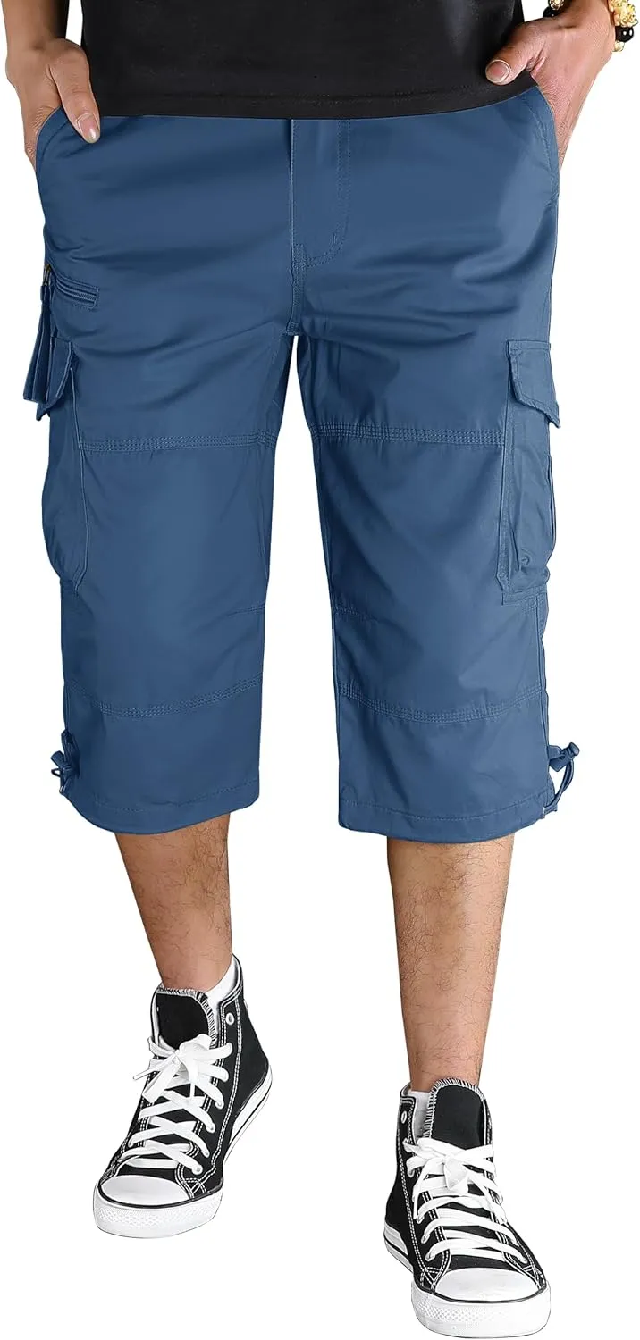 TACVASEN Men's Capri Pants with 7 Pockets Cargo Shorts Twill Elastic Below Knee 3/4 Capri Long Shorts