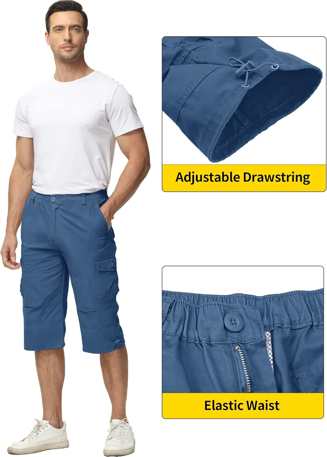 TACVASEN Men's Capri Pants with 7 Pockets Cargo Shorts Twill Elastic Below Knee 3/4 Capri Long Shorts
