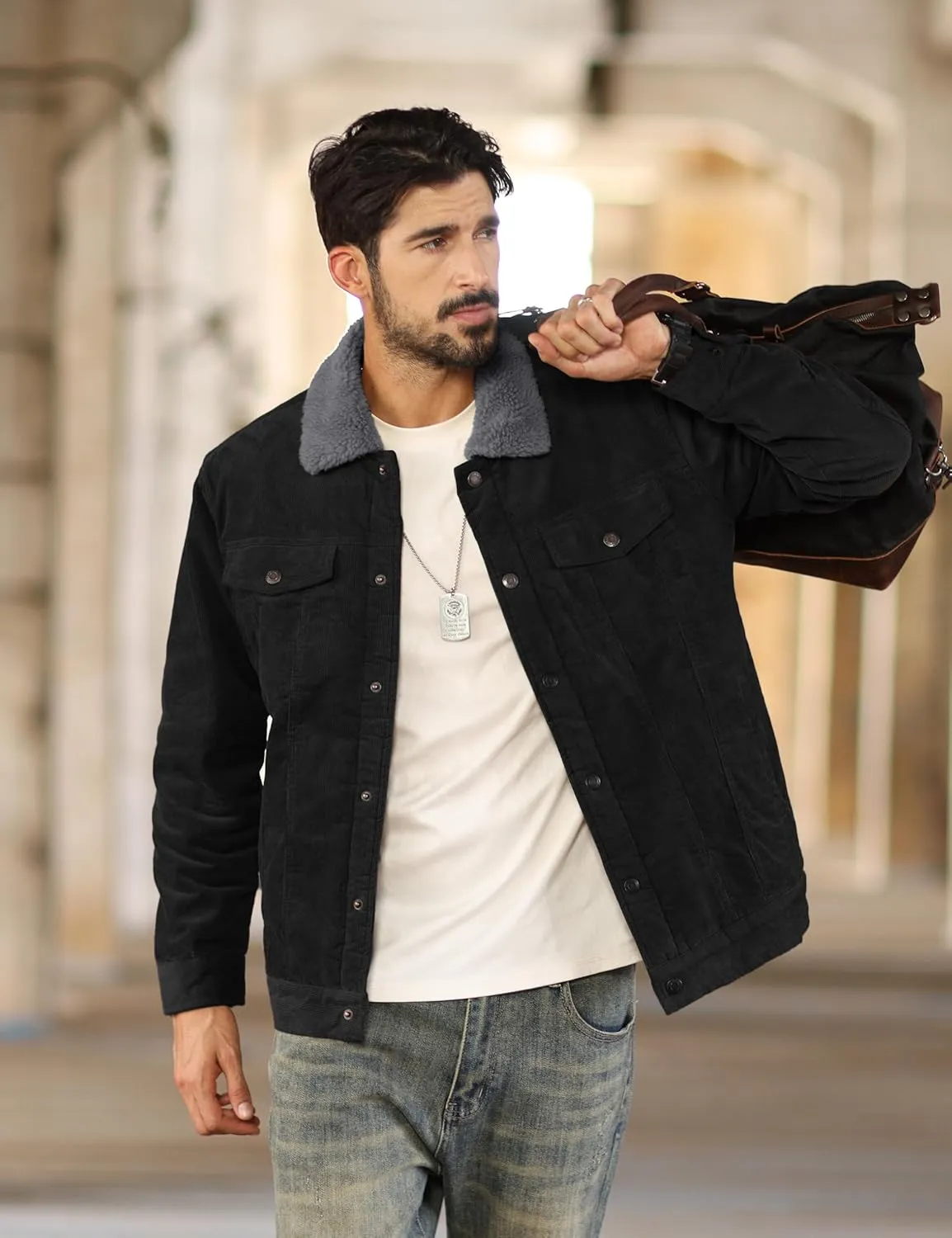 TACVASEN Men's Corduroy Jacket Fleece Sherpa Lined Winter Coats Warm Thick Cotton Casual Trucker Cargo Jacket