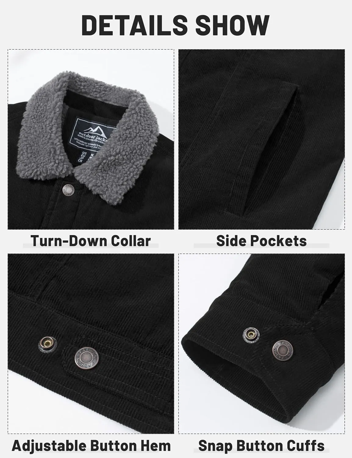 TACVASEN Men's Corduroy Jacket Fleece Sherpa Lined Winter Coats Warm Thick Cotton Casual Trucker Cargo Jacket