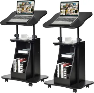 Tangkula Mobile Laptop Podium, Height Adjustable Podium Stand, Standing Desk Sit-to-Stand Desk, Rolling Desk Cart Stand Laptop Desk Cart with Swivel Top Movable Wheels & Storage