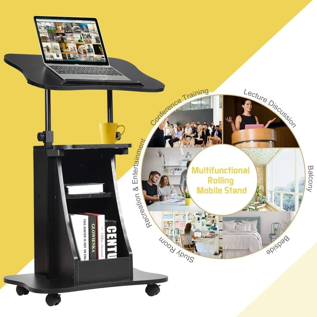 Tangkula Mobile Laptop Podium, Height Adjustable Podium Stand, Standing Desk Sit-to-Stand Desk, Rolling Desk Cart Stand Laptop Desk Cart with Swivel Top Movable Wheels & Storage