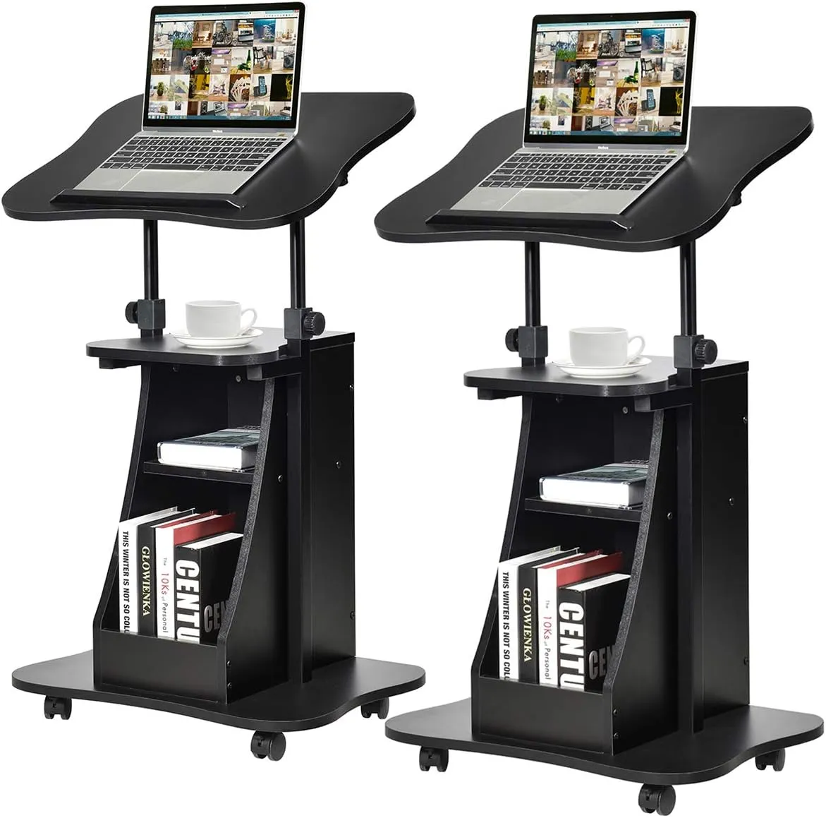 Tangkula Mobile Laptop Podium, Height Adjustable Podium Stand, Standing Desk Sit-to-Stand Desk, Rolling Desk Cart Stand Laptop Desk Cart with Swivel Top Movable Wheels & Storage
