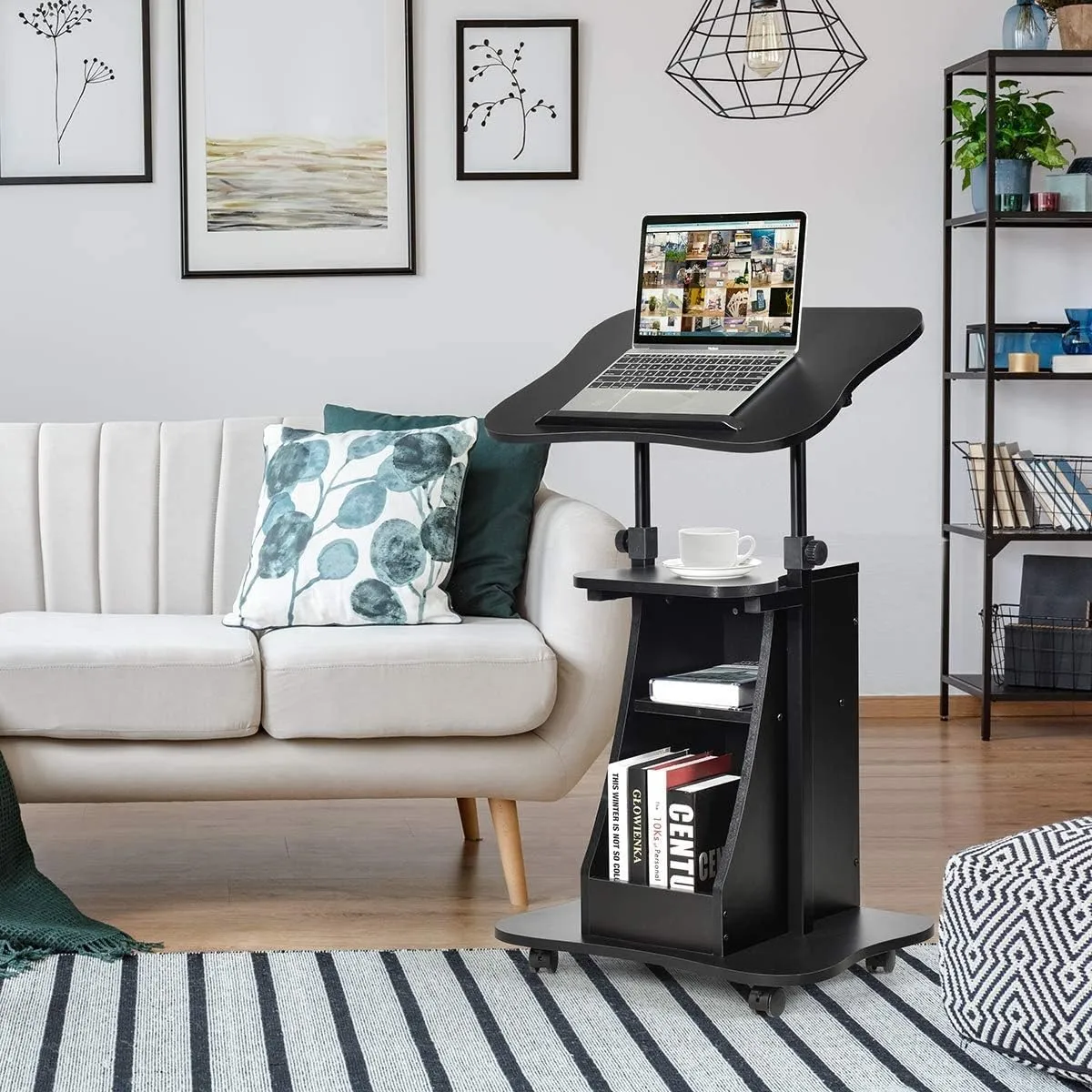 Tangkula Mobile Laptop Podium, Height Adjustable Podium Stand, Standing Desk Sit-to-Stand Desk, Rolling Desk Cart Stand Laptop Desk Cart with Swivel Top Movable Wheels & Storage