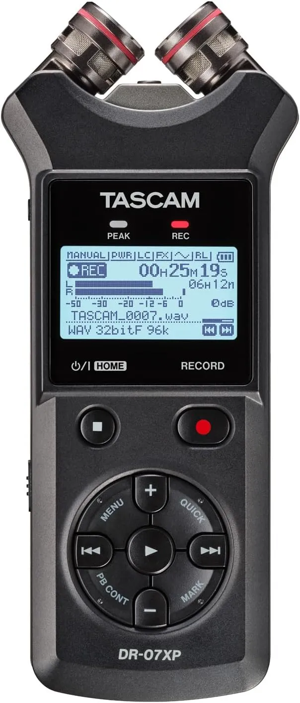 TASCAM DR-07XP 32-Bit Float Portable Handheld Field Recorder and USB-C Audio Interface — With Adjustable Mics for Digital Stereo Recording of Music, Sound, Voice, Audio for Video and Podcasting