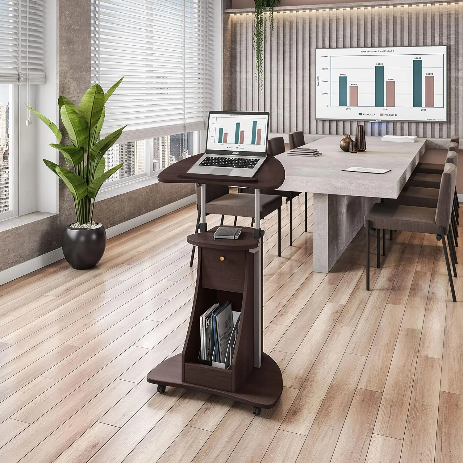 Techni Mobili Sit-to-Stand Rolling Adjustable Storage Medical Laptop Computer Cart, Chocolate, B005