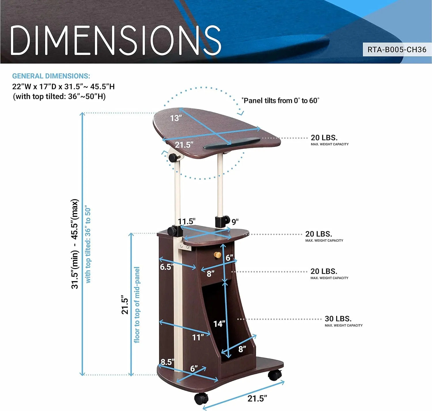 Techni Mobili Sit-to-Stand Rolling Adjustable Storage Medical Laptop Computer Cart, Chocolate, B005