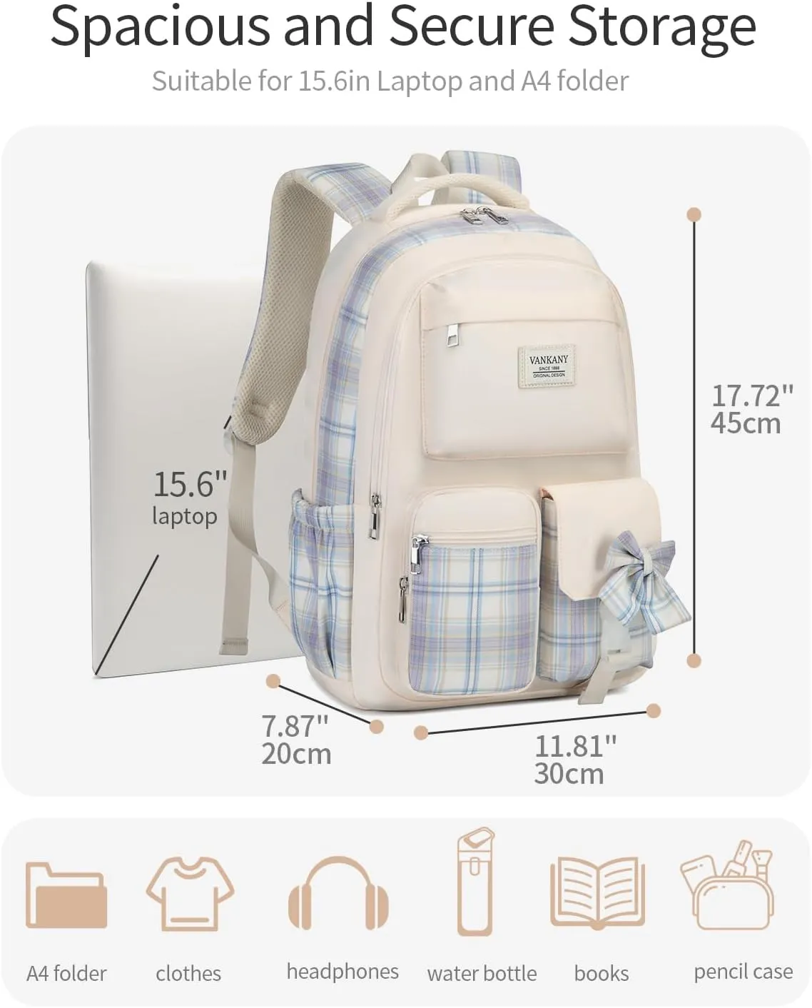 Teen Girl School Backpack, Cute Bookbag with Laptop Compartment for Big Student Women College Middle High School Bag Mochilas Escolares para Niñas (Beige)