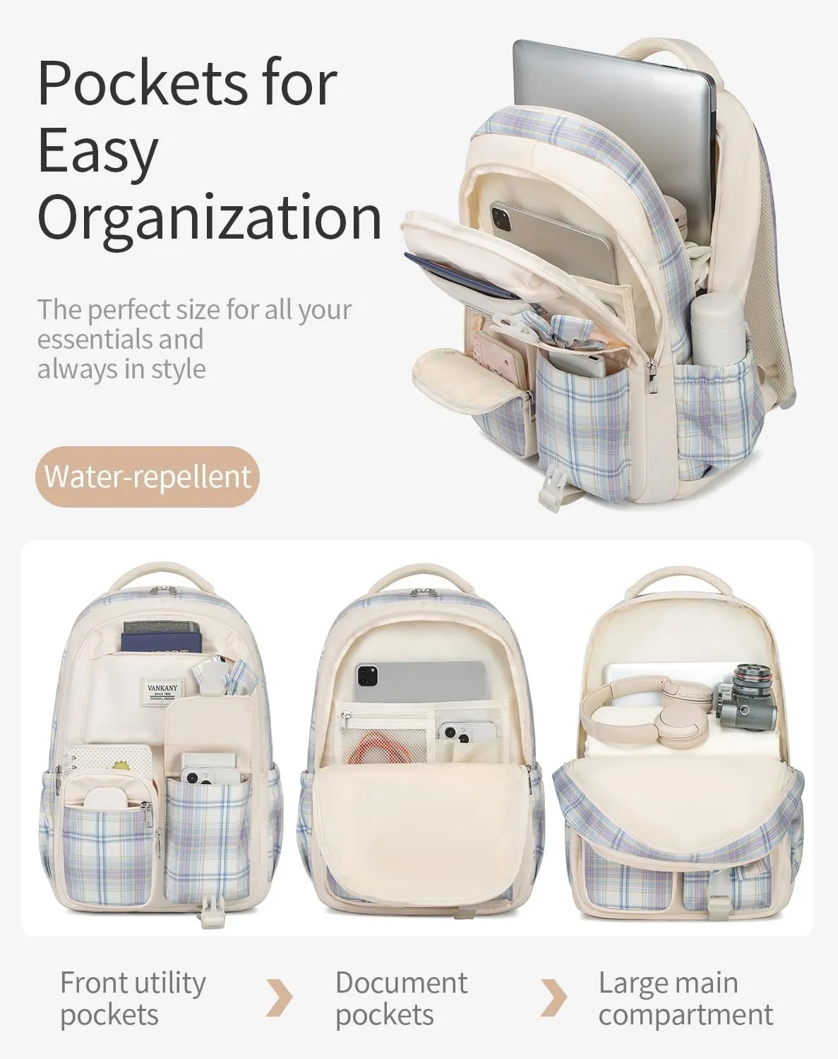 Teen Girl School Backpack, Cute Bookbag with Laptop Compartment for Big Student Women College Middle High School Bag Mochilas Escolares para Niñas (Beige)