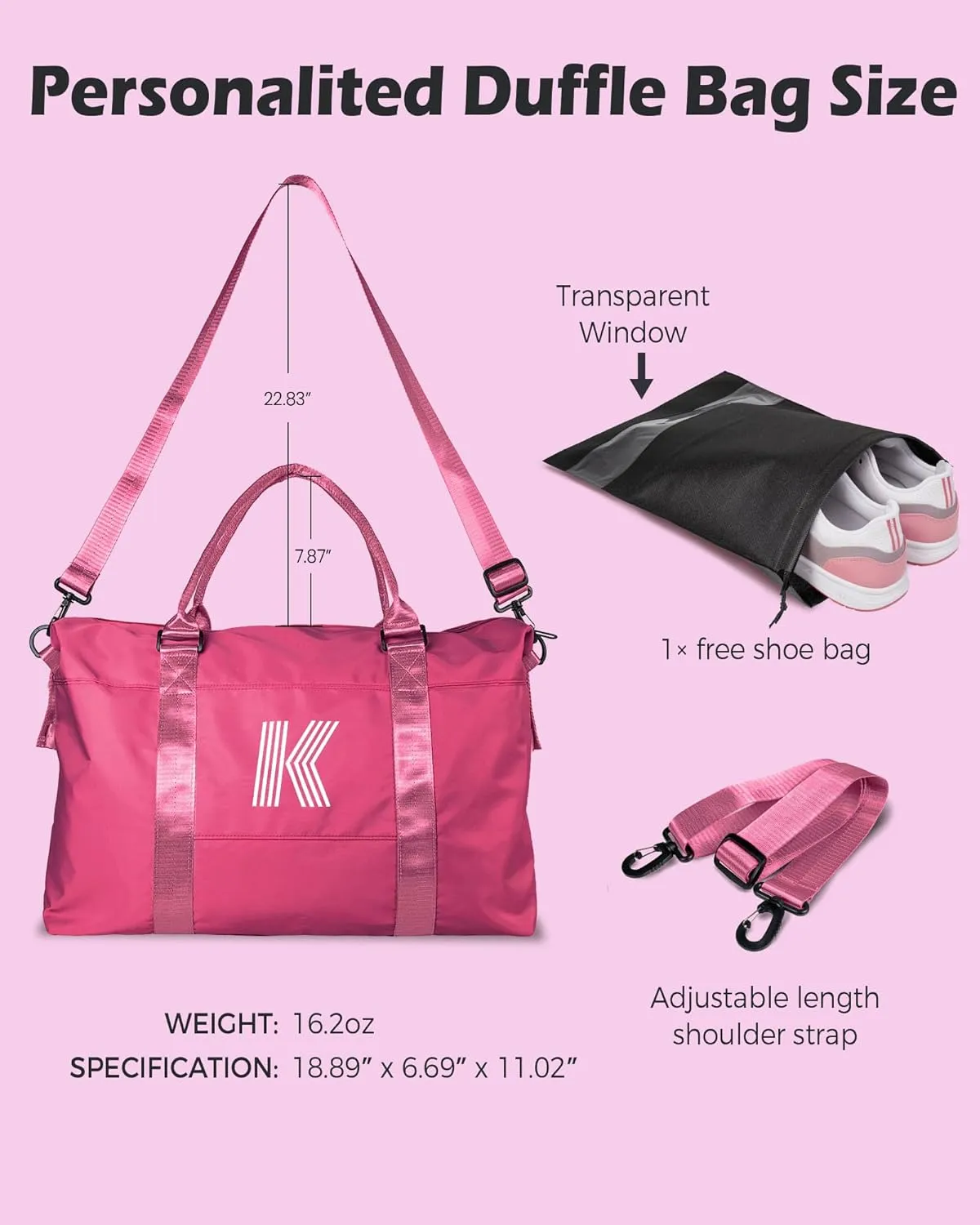 Teenage Girl Gifts, Birthday Gift, Initial Travel Bag, Travel Essential for Girls, Sports Bag, Girls Weekender Bag, Monogram Overnight Bag Gift for Her (Letter K)