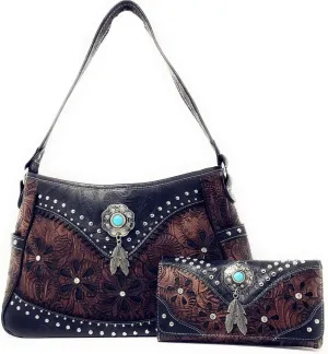 Texas West Western Tooled Leather Laser Cut Concealed Carry Feather Country Shoulder Handbag Wallet in 4 colors