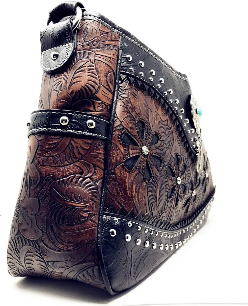 Texas West Western Tooled Leather Laser Cut Concealed Carry Feather Country Shoulder Handbag Wallet in 4 colors