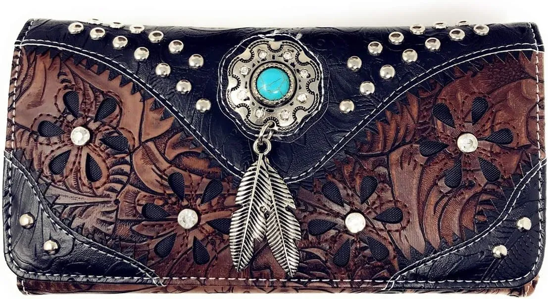 Texas West Western Tooled Leather Laser Cut Concealed Carry Feather Country Shoulder Handbag Wallet in 4 colors