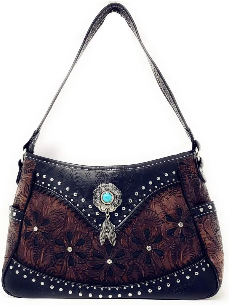 Texas West Western Tooled Leather Laser Cut Concealed Carry Feather Country Shoulder Handbag Wallet in 4 colors