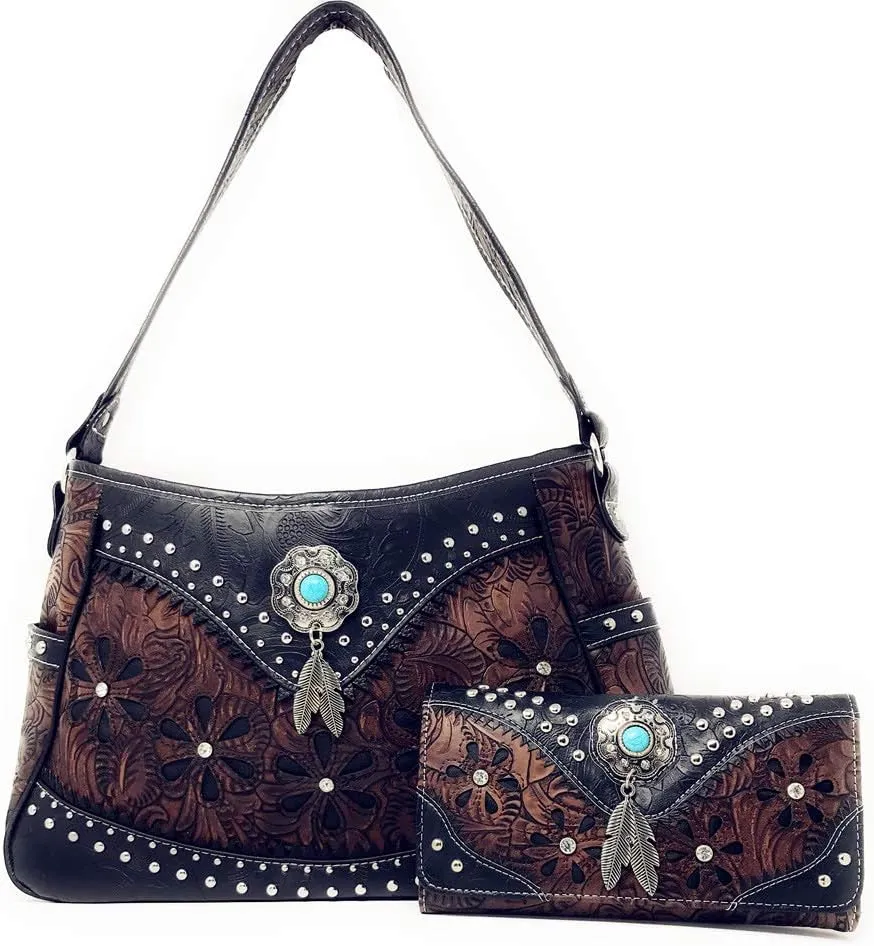 Texas West Western Tooled Leather Laser Cut Concealed Carry Feather Country Shoulder Handbag Wallet in 4 colors