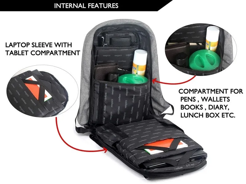 THE CLOWNFISH Think Positive Anti Theft Backpack - Water Resistant, USB Hub | Fits 14" Laptops | Grey