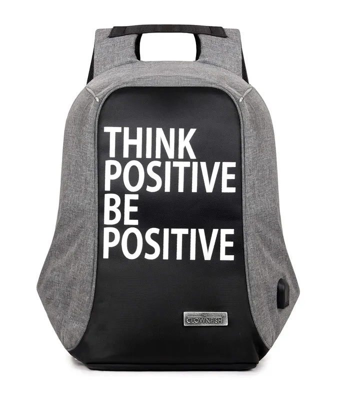 THE CLOWNFISH Think Positive Anti Theft Backpack - Water Resistant, USB Hub | Fits 14" Laptops | Grey