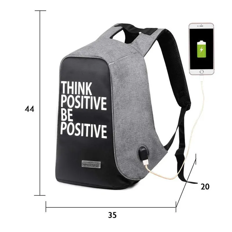 THE CLOWNFISH Think Positive Anti Theft Backpack - Water Resistant, USB Hub | Fits 14" Laptops | Grey