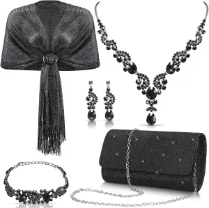 Tiamon 5 Pcs Rhinestone Jewelry Sets Shawls and Wraps Formal Clutch Purses for Women Evening Dresses Bridal Weddings