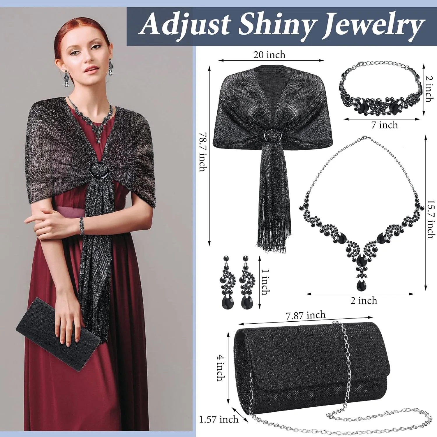 Tiamon 5 Pcs Rhinestone Jewelry Sets Shawls and Wraps Formal Clutch Purses for Women Evening Dresses Bridal Weddings
