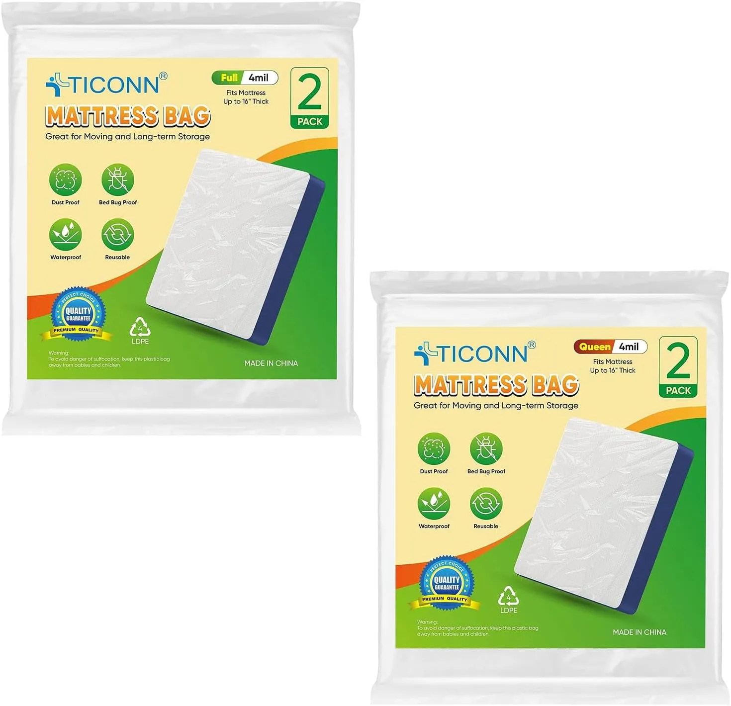 TICONN 2PK Plastic Mattress Bag foe Moving Storage 4mil Queen   Full