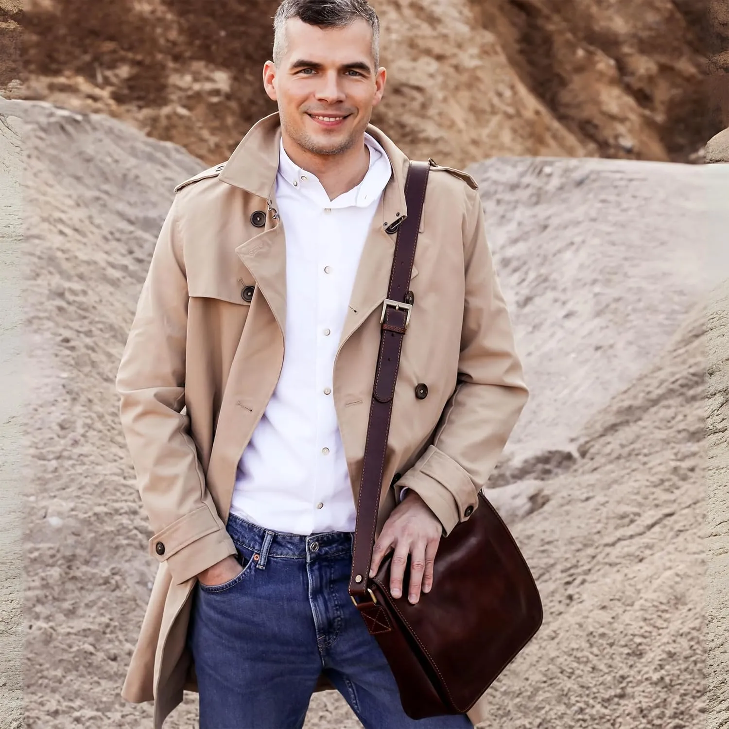 Time Resistance Leather Messenger Bag for Men, Handmade Crossbody Bag, Shoulder Bag Made in Italy