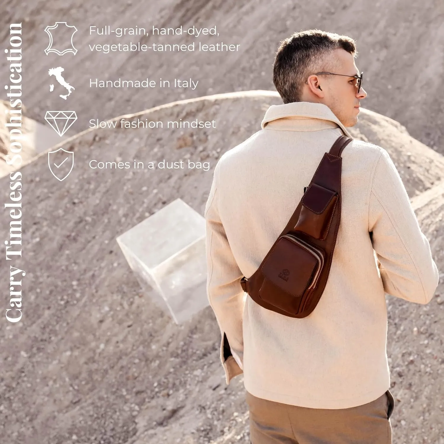 Time Resistance Leather Sling Bag - Crossbody Bag - Messenger Bag for Men and Women - Handmade Shoulder Bag Backpack
